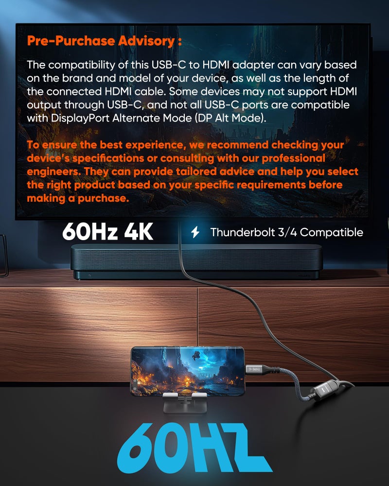 Highwings محول USB C إلى HDMI من Highwings (4K@60Hz)، محول كابل USB Type C إلى HDMI [سرعة عالية، Thunderbolt 3/4 منافذ]، متوافق مع iPhone 15/16 Pro/Max، MacBook Pro/Air، iPad، iMac والمزيد - Image 3